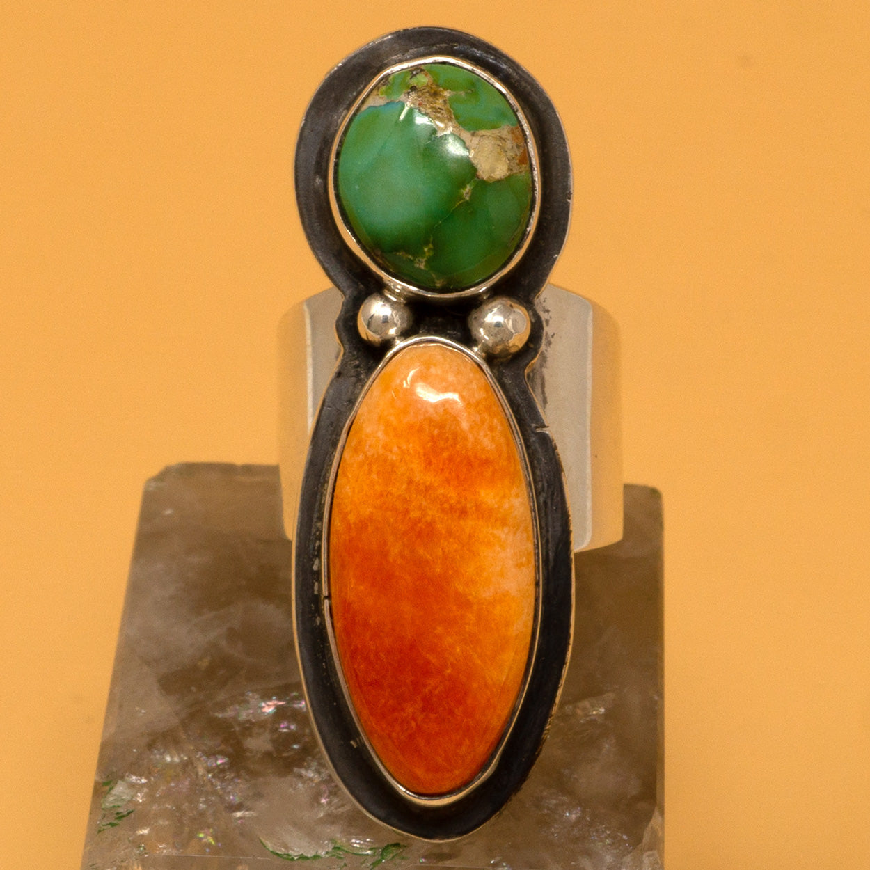 Sonoran Gold Turquoise & Spiny Oyster Ring Silver Ring by Tommy Jackson | Size 7
