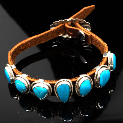 Seven Kingman Turquoise Cabochon Leather Bracelet