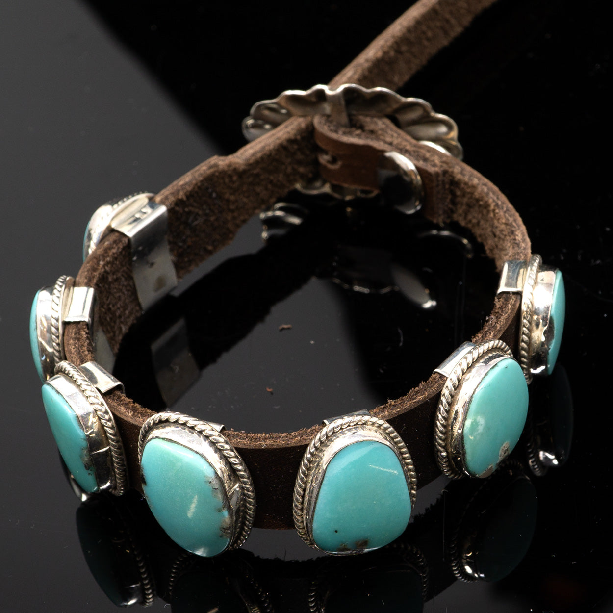 Green Kingman Turquoise Cabachons on Leather Bracelet | by Bill Willie