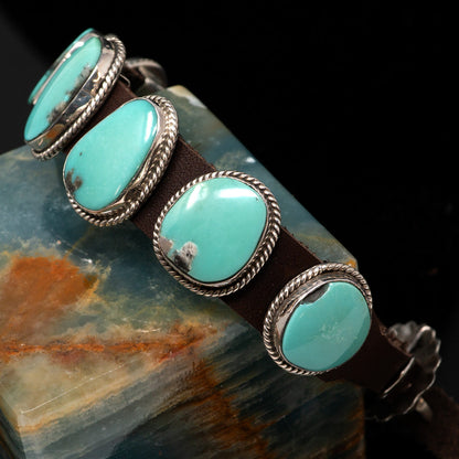 Green Kingman Turquoise Cabachons on Leather Bracelet | by Bill Willie