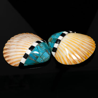 Pair of Turquoise, White Shell & Jet Kewa Pueblo Inlay Shells by Priscilla Nieto