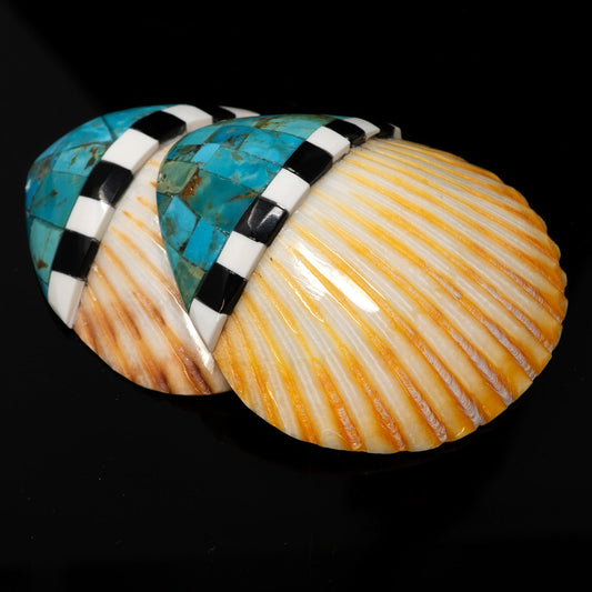 Pair of Turquoise, White & Jet Kewa Pueblo Inlay Shells by Priscilla Nieto