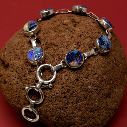 Zuni Inlay Spiderweb Opal Sterling Silver Linked Bracelet