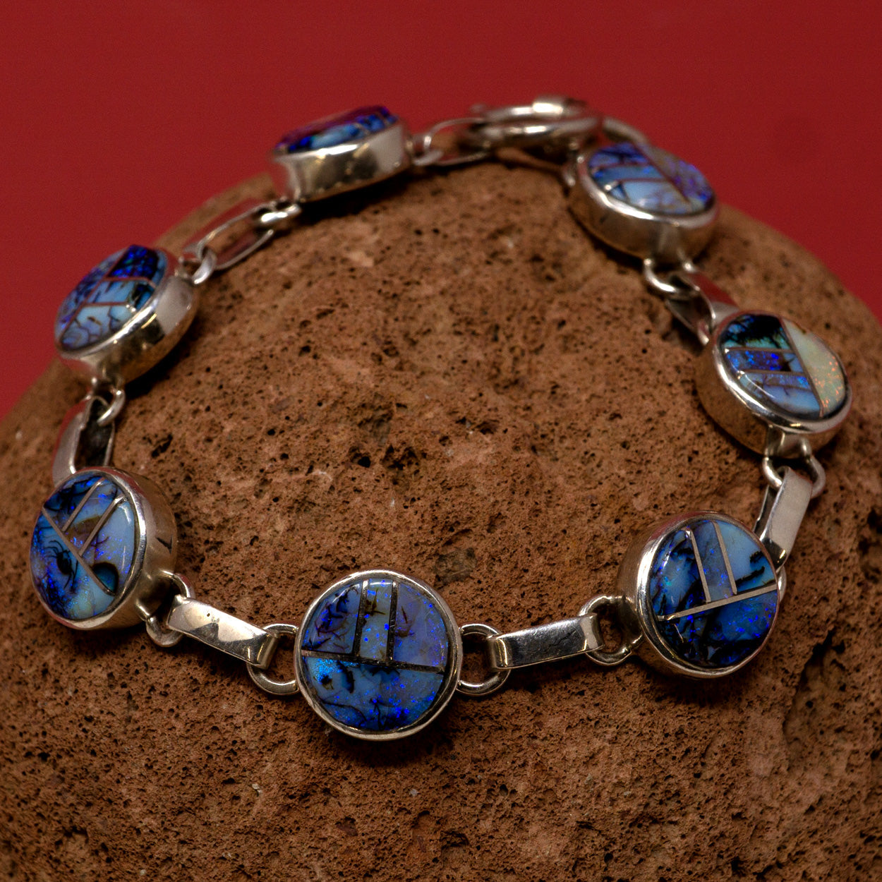 Zuni Inlay Spiderweb Opal Sterling Silver Linked Bracelet