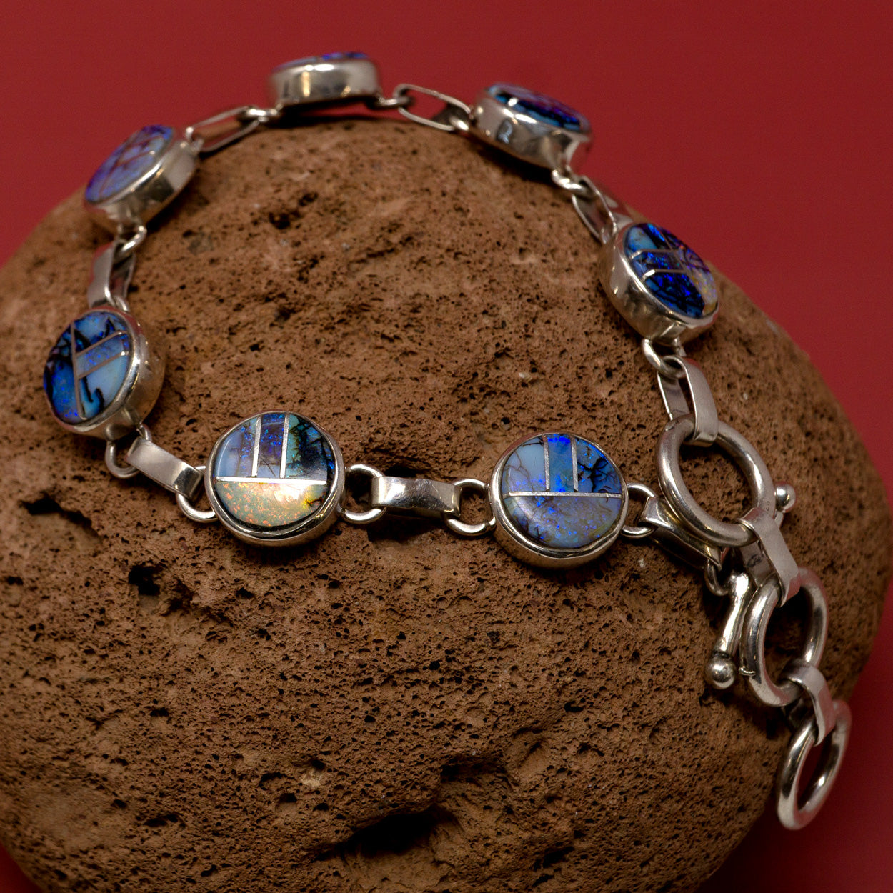 Zuni Inlay Spiderweb Opal Sterling Silver Linked Bracelet