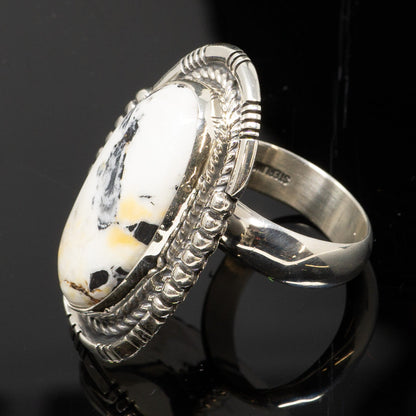 White Buffalo Large Cabachon Polished Silver Ring - Size 9.5