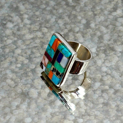 Sterling Silver & Multi-Stone Inlay Ring by Tommy Jackson Size 8.5