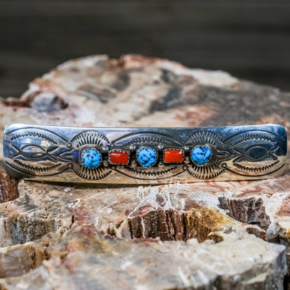 Sleeping Beauty Turquoise, Coral & Stamped Sterling Silver Hair Barrette