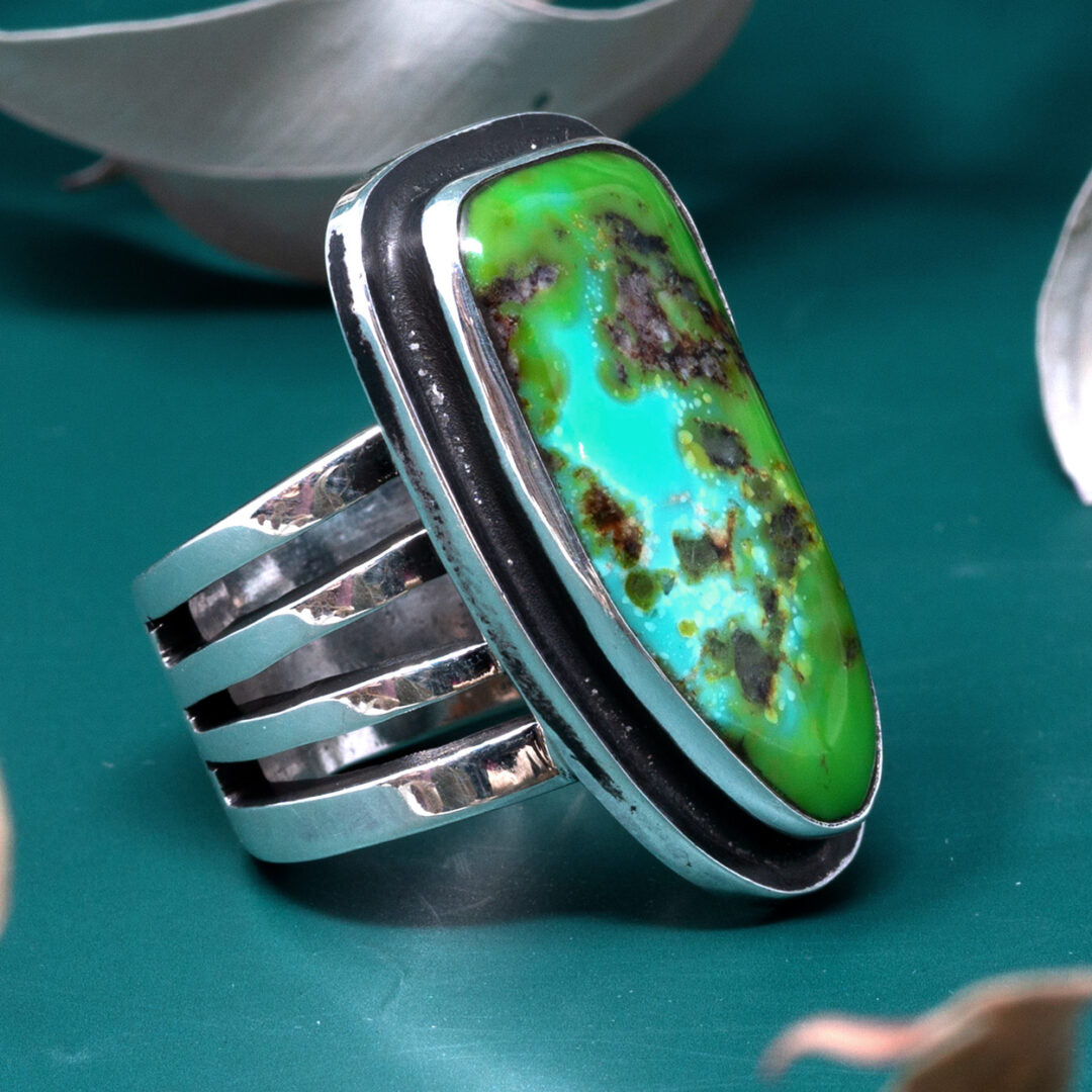 Sonoran Gold Turquoise Ring with Stamped Silver Band | Tommy & Marie Jackson | Size 8