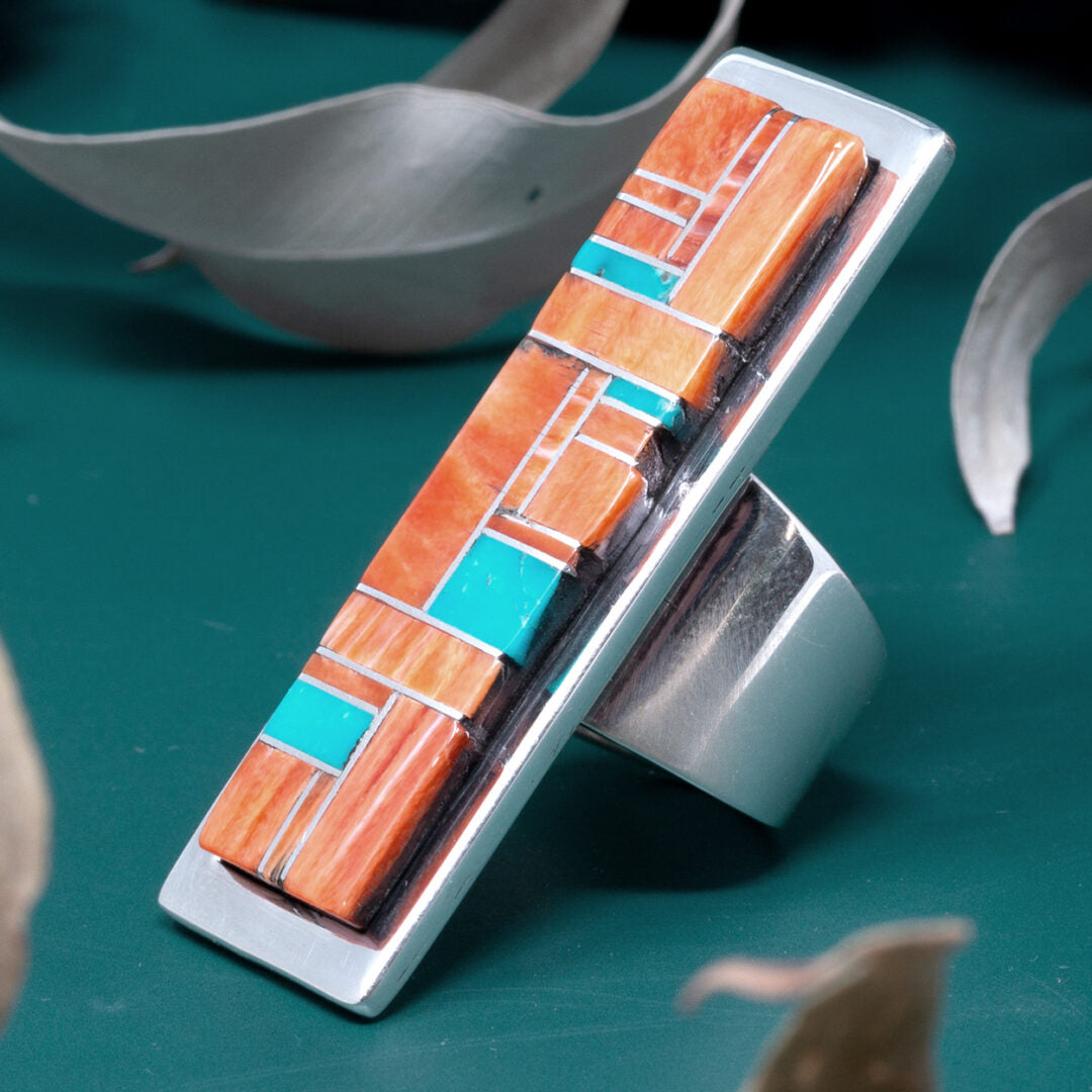 Kingman Turquoise & Spiny Oyster Inlay Ring by Marie & Tommy Jackson